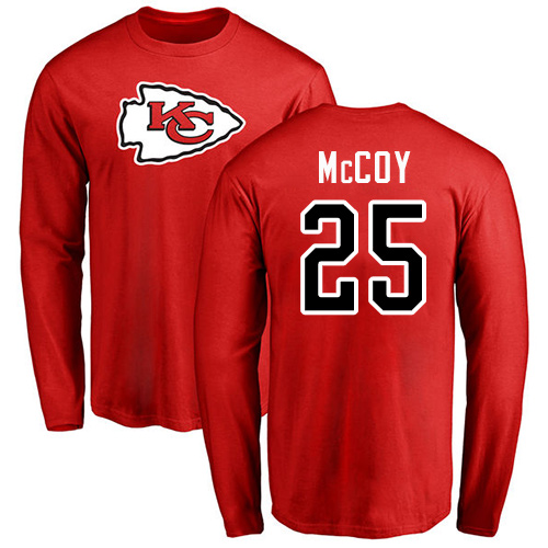 Men Kansas City Chiefs #25 McCoy LeSean Red Name and Number Logo Long Sleeve T-Shirt->nfl t-shirts->Sports Accessory